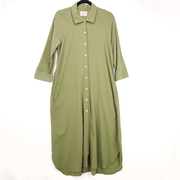 9Seed Long Shirt Dress Maxi Button Up Semi Sheer Medium Green Collard Made USA - Picture 1 of 14